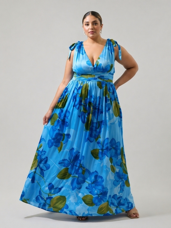 Sugarlips Dresses & Skirts - NWT Sugarlips Blue Floral Maxi Dress 3X Plus Size V-Neck Flowy Wedding Guest